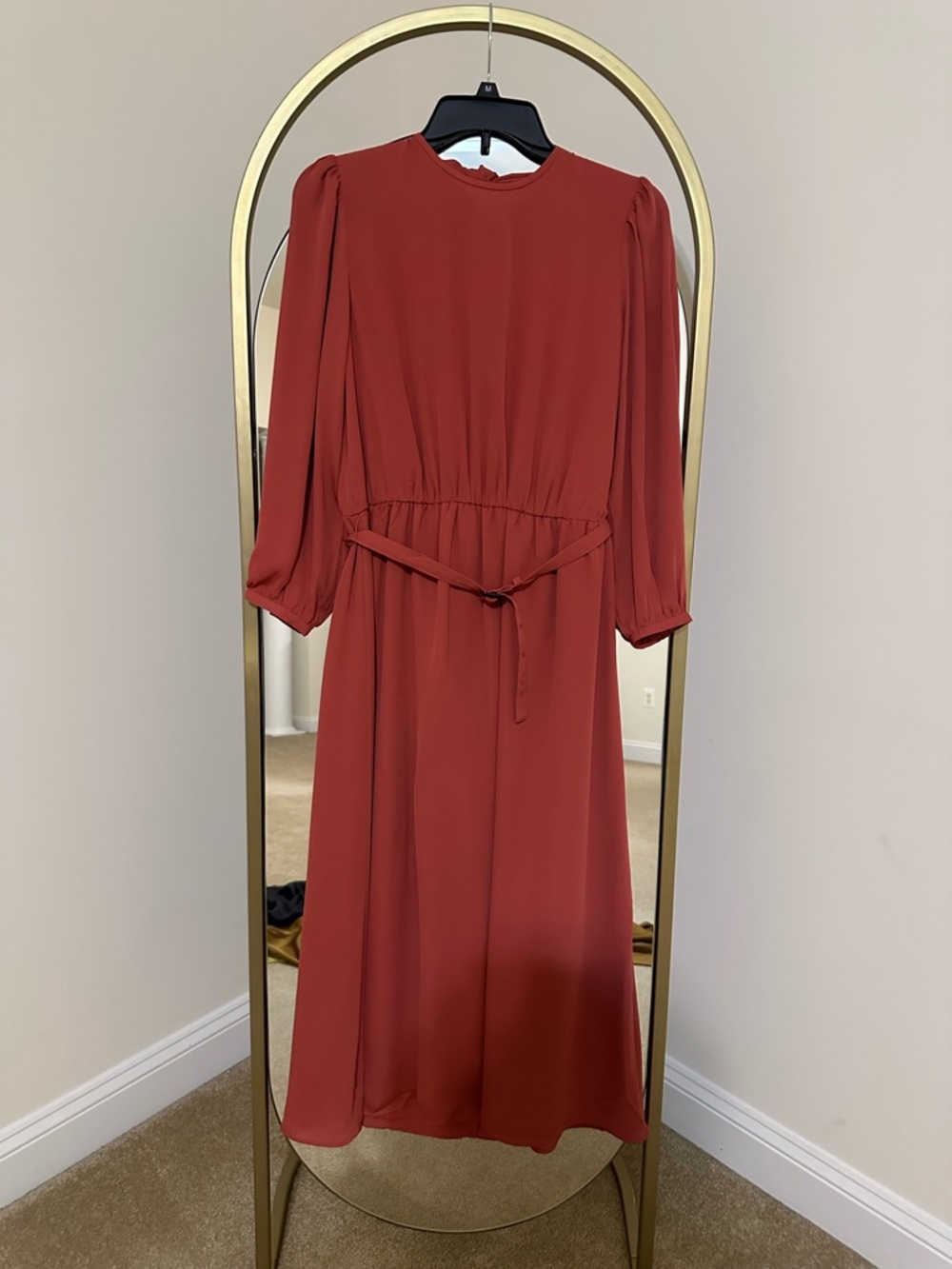 Ann Taylor Rust Red Long-Sleeve Midi Dress with Waist Tie - Picture 3 of 9